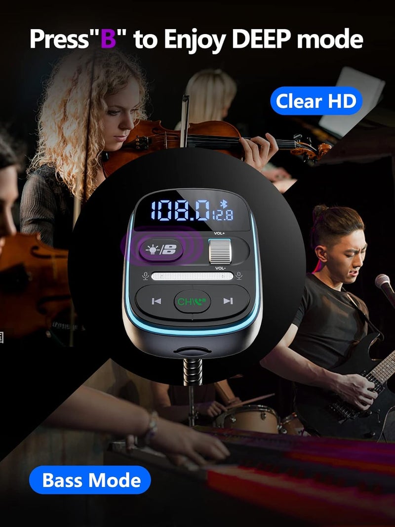 Lencent Bluetooth FM Transmitter PD 30W, Bluetooth Car Adapter with QC3.0 Fast Charger, Hi-Fi Bass Music, Wireless Radio Receiver Hands-Free Calling, [Color Light] - Image 3